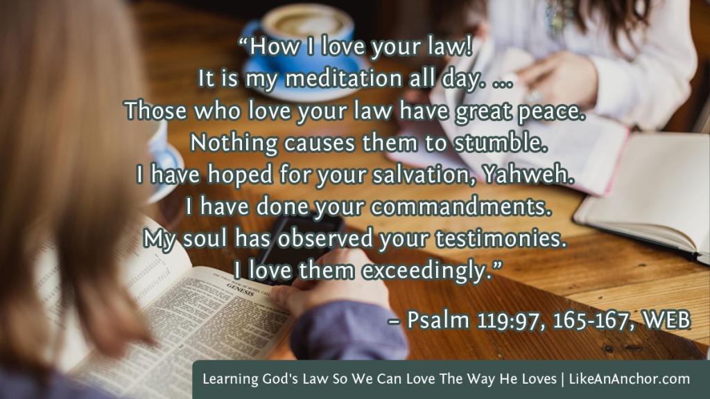 Image of two women Bible studying overlaid with text from Psalm 119:97, 165-167, WEB version:  “How I love your law! It is my meditation all day. ... Those who love your law have great peace. Nothing causes them to stumble. I have hoped for your salvation, Yahweh. I have done your commandments. My soul has observed your testimonies. I love them exceedingly.”